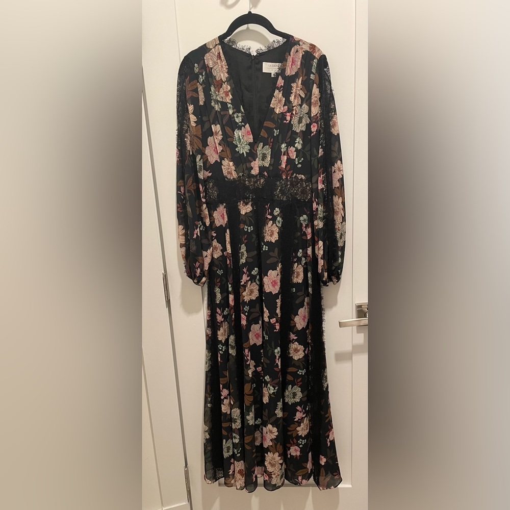 A feminine & flirty black floral chiffon & lace maxi dress by LA Ligne NYC